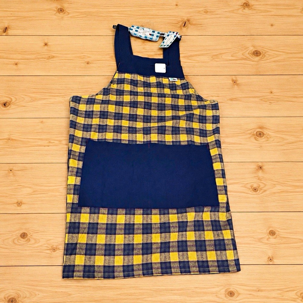 Japanese Apron Navy/Beige Plaid Check Fabric w/ Pocket One Size. [A4]